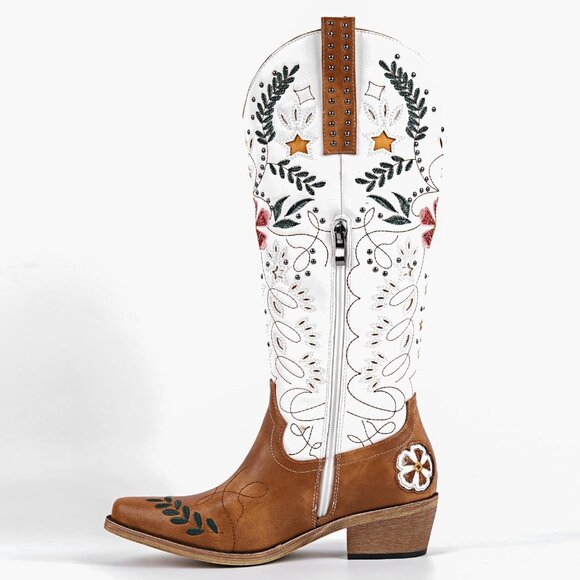 ⚡Women’s Brown Floral Embroidered Western Boots Knee High Studded Side Zipper - Picture 5 of 6